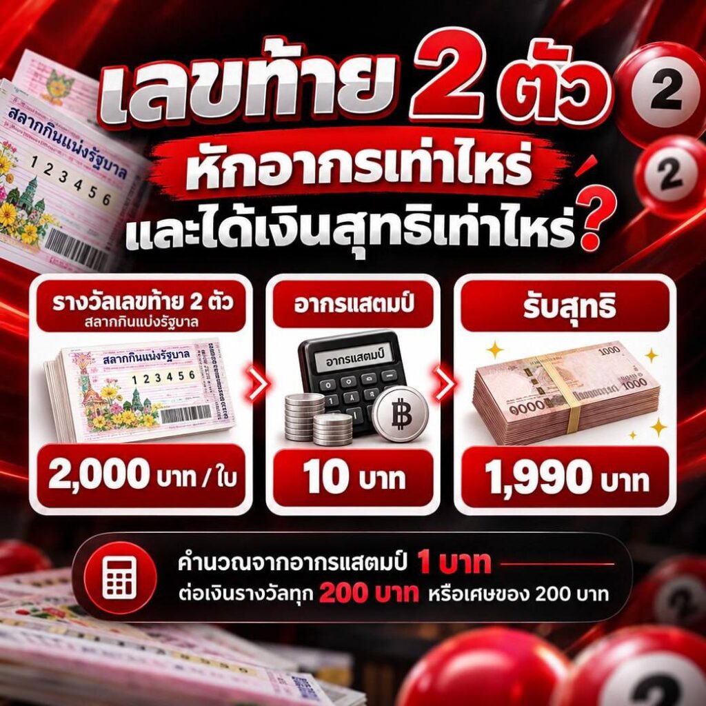 เลขท้าย 2 ตัวหักอากรเท่าไหร่ และได้เงินสุทธิเท่าไหร่